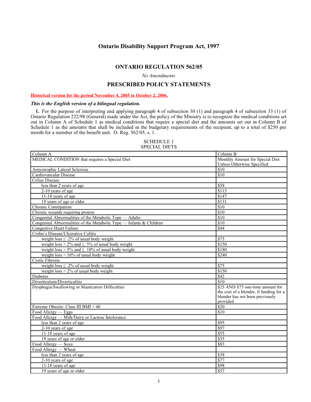 Ontario Disability Support Program Act, 1997 - O. Reg. 562/05