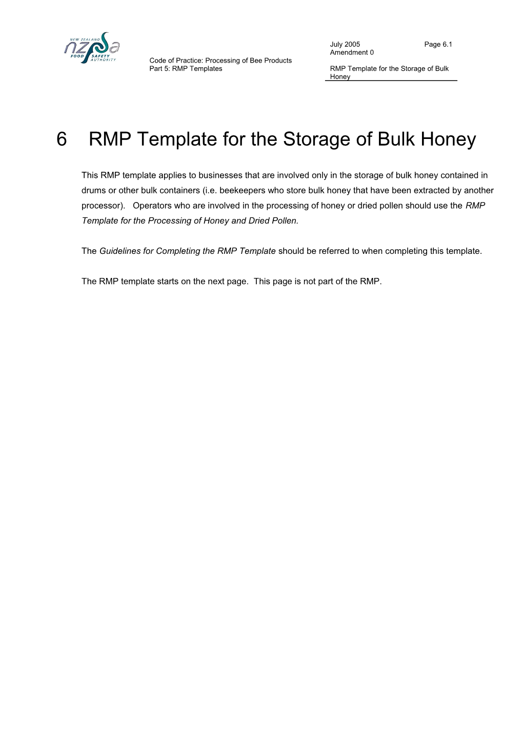 RMP Template for the Storage of Bulk Honey