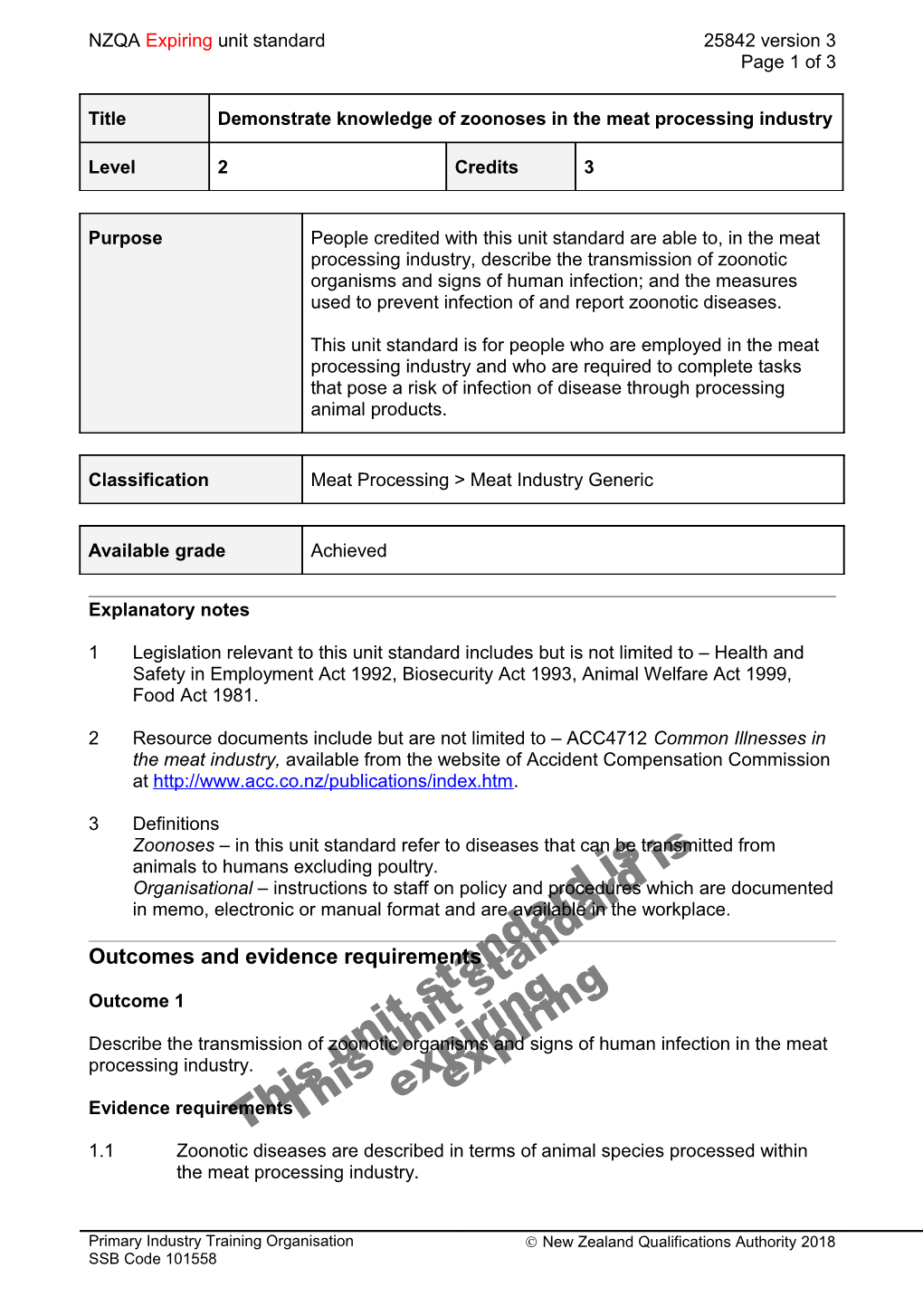 25842 Demonstrate Knowledge of Zoonoses in the Meat Processing Industry