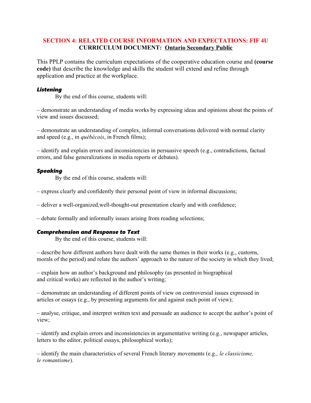 Section 4: Related Course Information and Expectations: Fif 4U