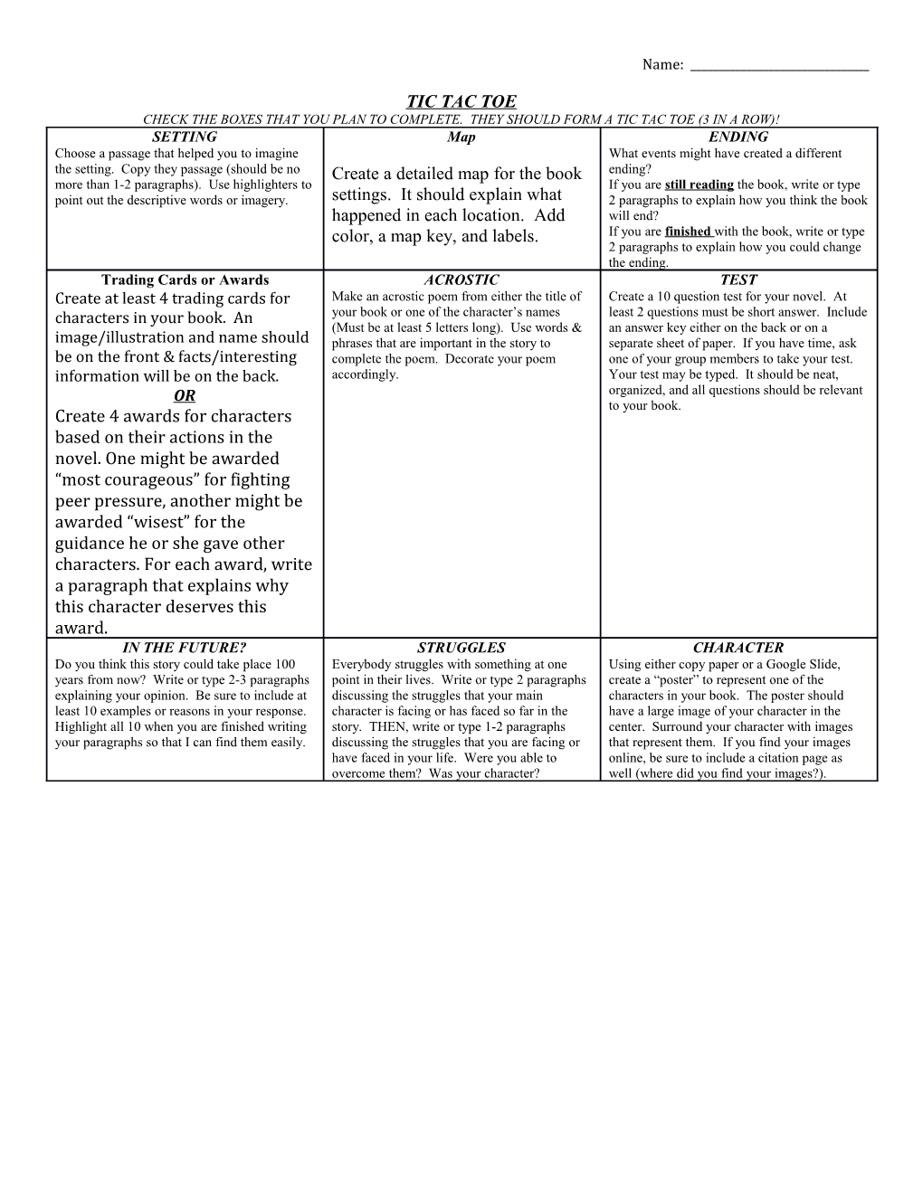 Check the Boxes That You Plan to Complete. They Should Form a Tic Tac Toe (3 in a Row)!