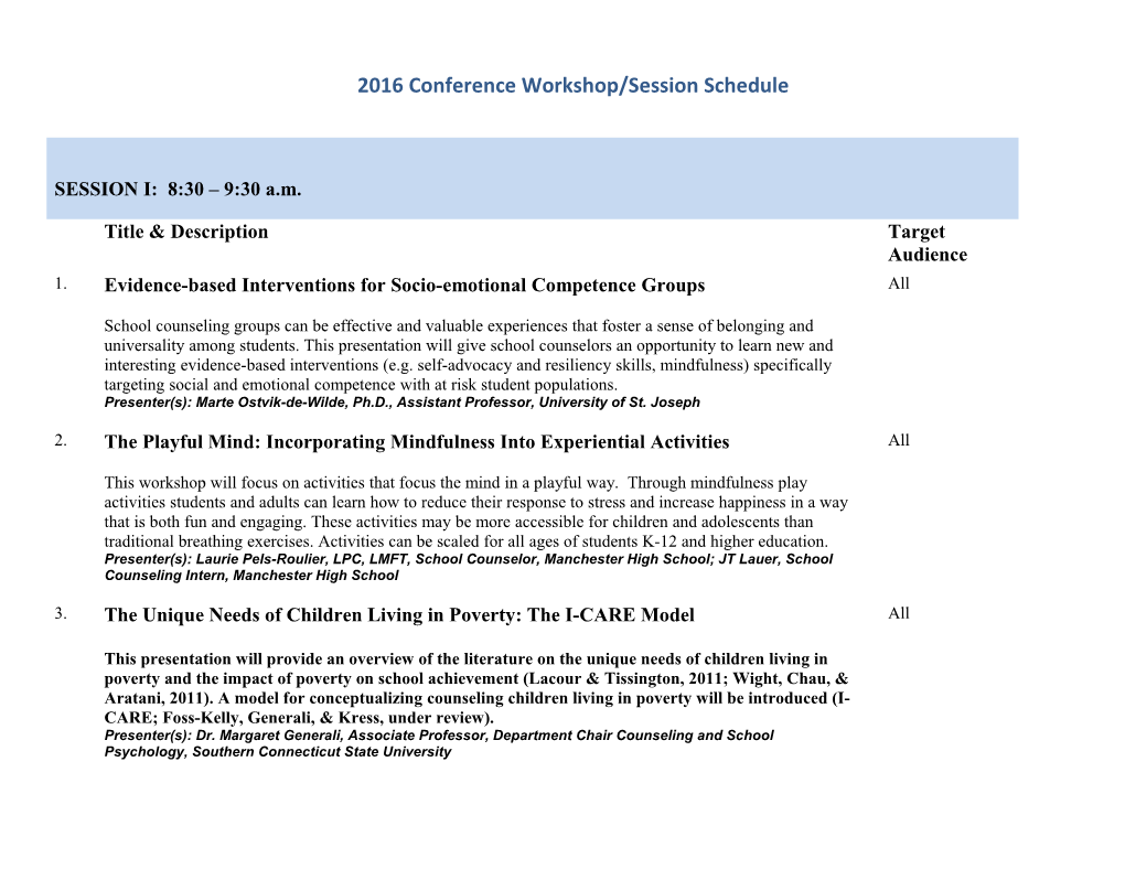 2016 Conference Workshop/Session Schedule
