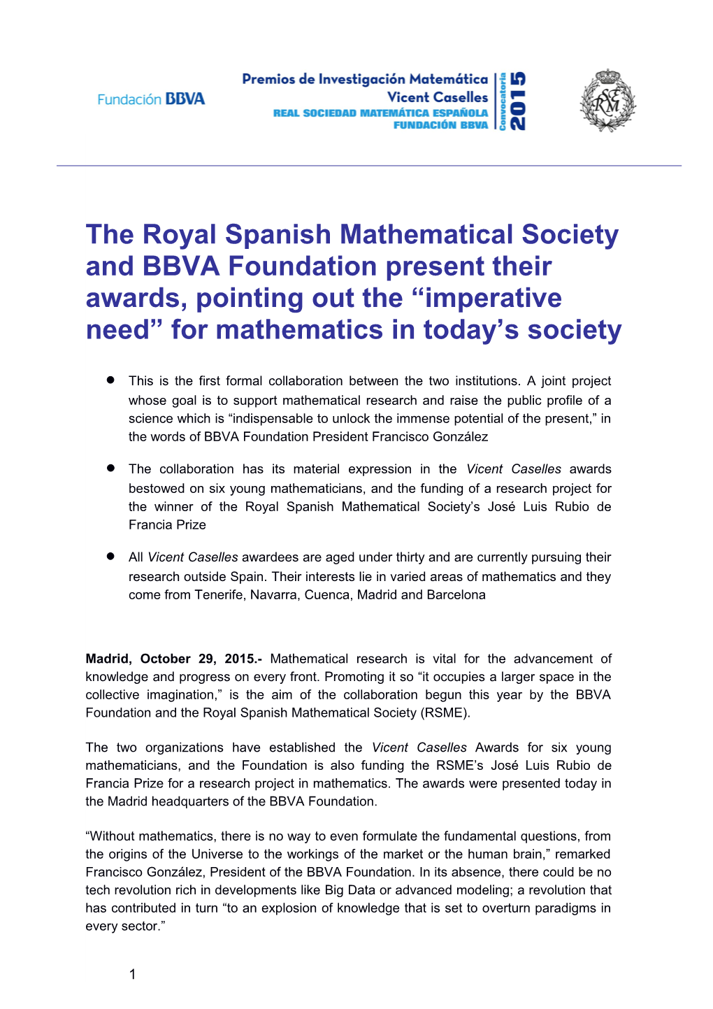 The Royal Spanish Mathematical Society and BBVA Foundationpresent Their Awards, Pointing