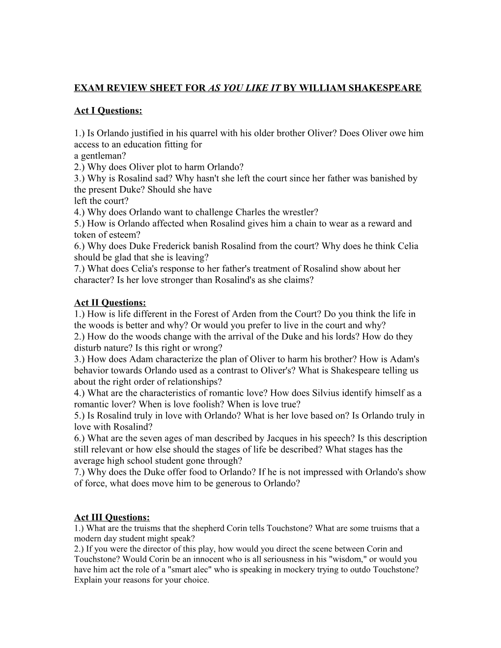 Exam Review Sheet for As You Like It by William Shakespeare