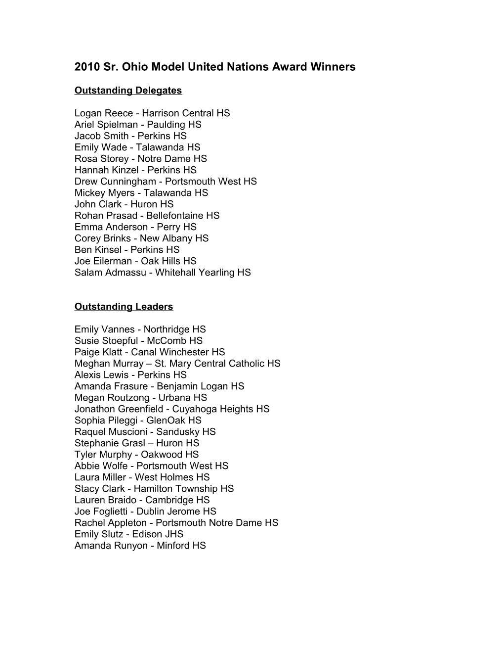 2010 Sr.Ohio Model United Nations Award Winners