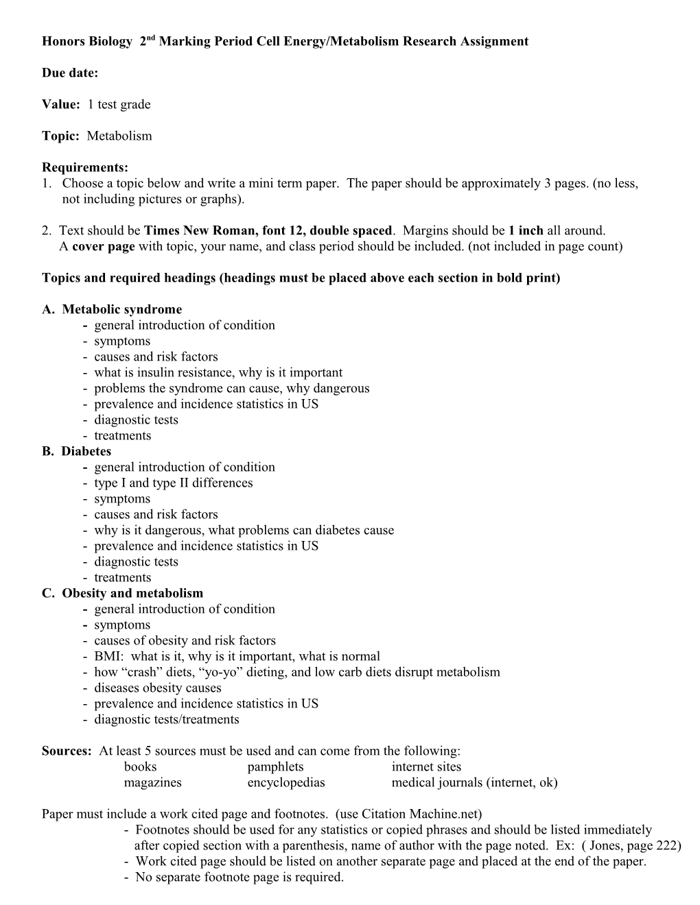 Honors Biology Chapter 5 Cell Energy Research Assignment