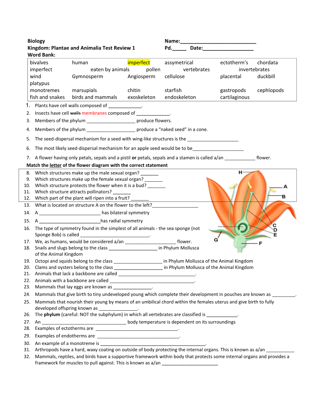 Kingdom: Plantae and Animalia Test Review 1Pd._____ Date:______