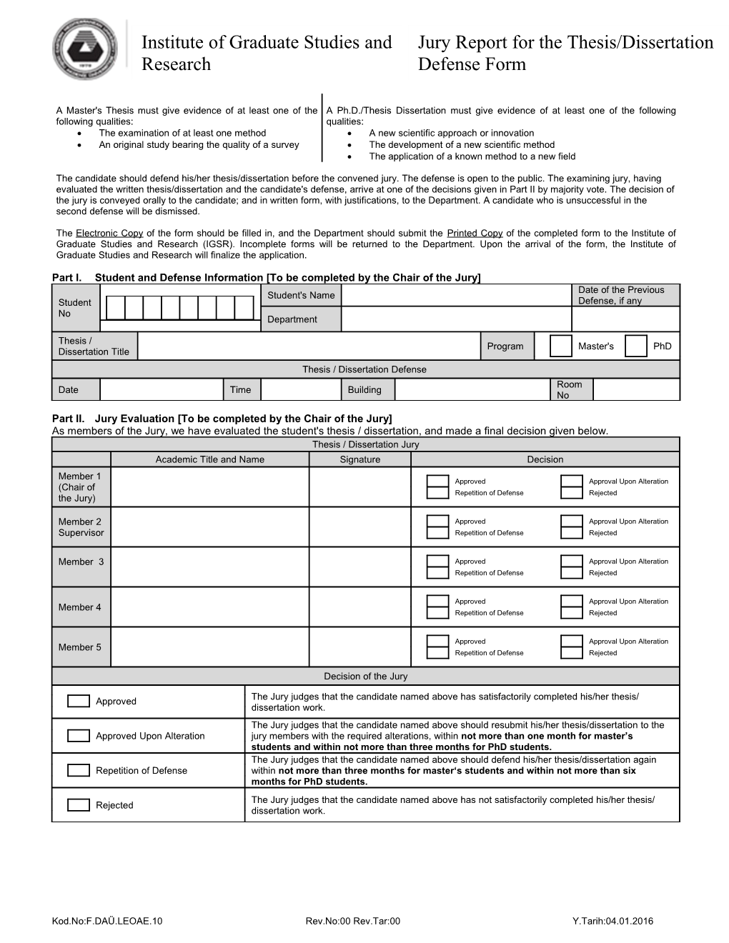 Jury Report for the Thesis/Dissertation Defense