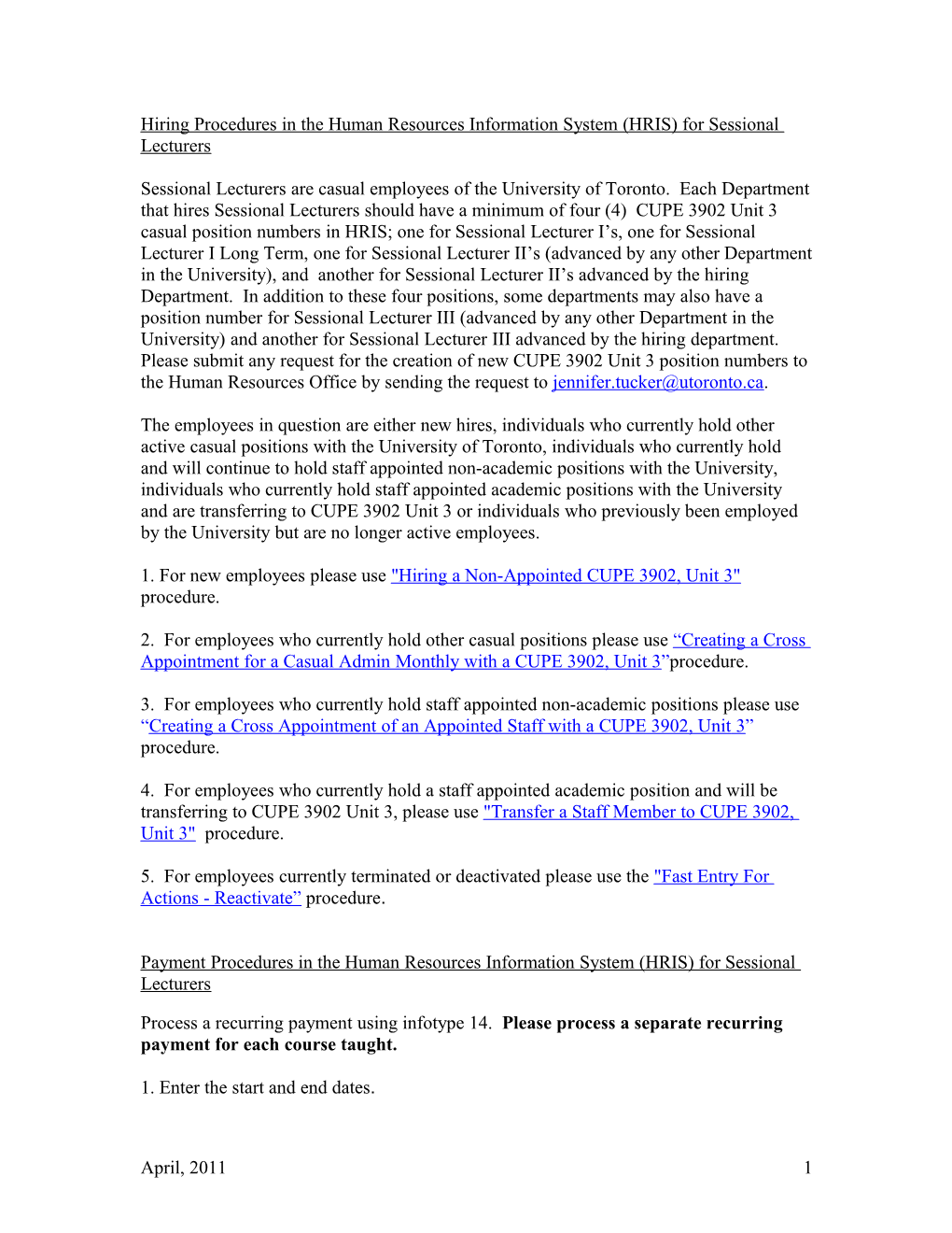 Hiring Procedures in the Human Resources Information System (HRIS) for Sessional Lecturers