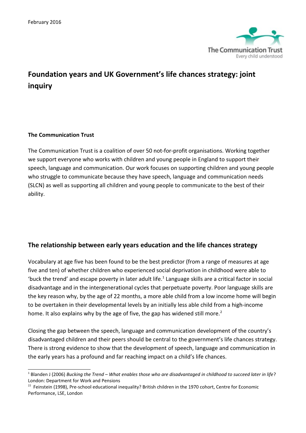 Foundation Years and UK Government S Life Chances Strategy: Joint Inquiry