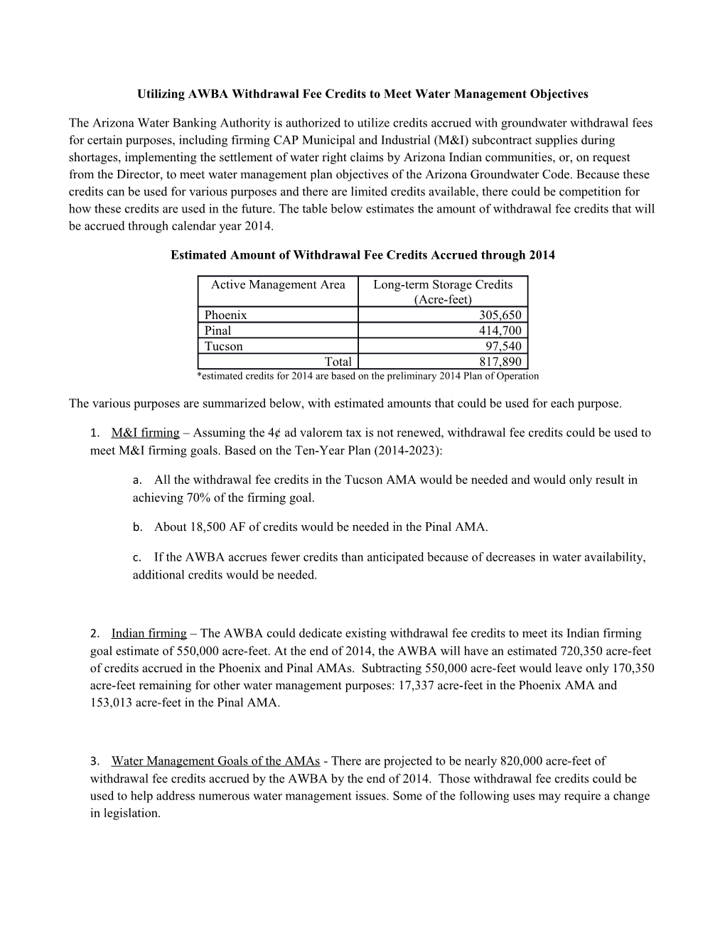 Utilizing AWBA Withdrawal Fee Credits to Meet Water Management Objectives