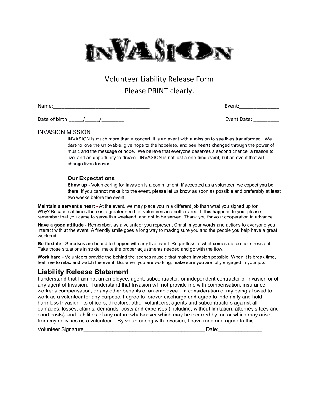 Volunteer Liability Release Form Please PRINT Clearly