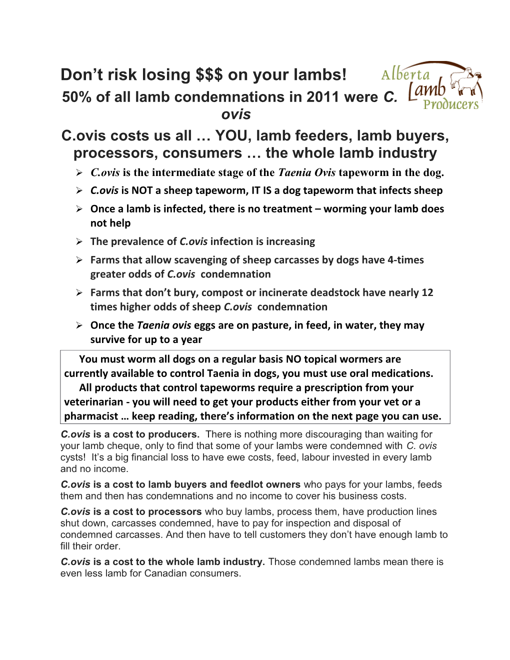 50% of All Lamb Condemnations in 2011 Were C. Ovis