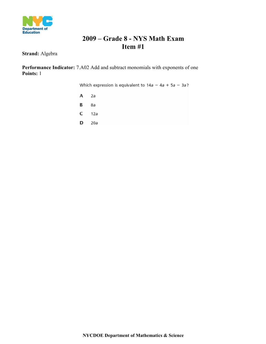 2009 Grade 8 -NYS Math Exam