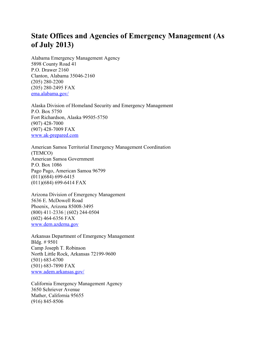 State Offices and Agencies of Emergency Management (As of July 2013)