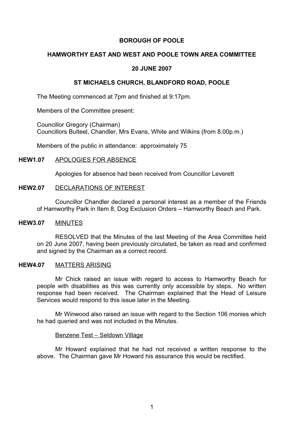 Minutes - Hamworthy East and West and Poole Town Area Committee - 20 June 2007