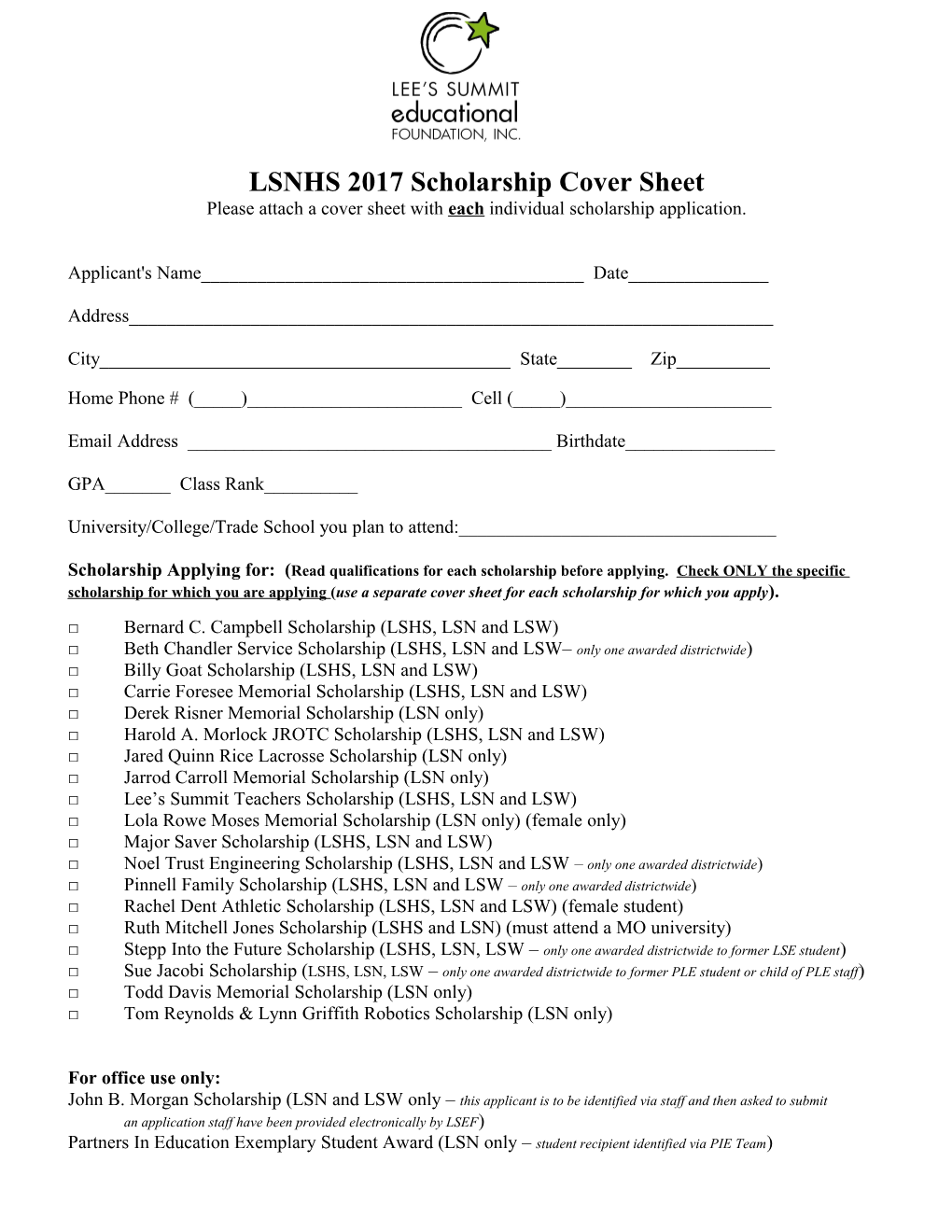 LSNHS 2017 Scholarship Cover Sheet