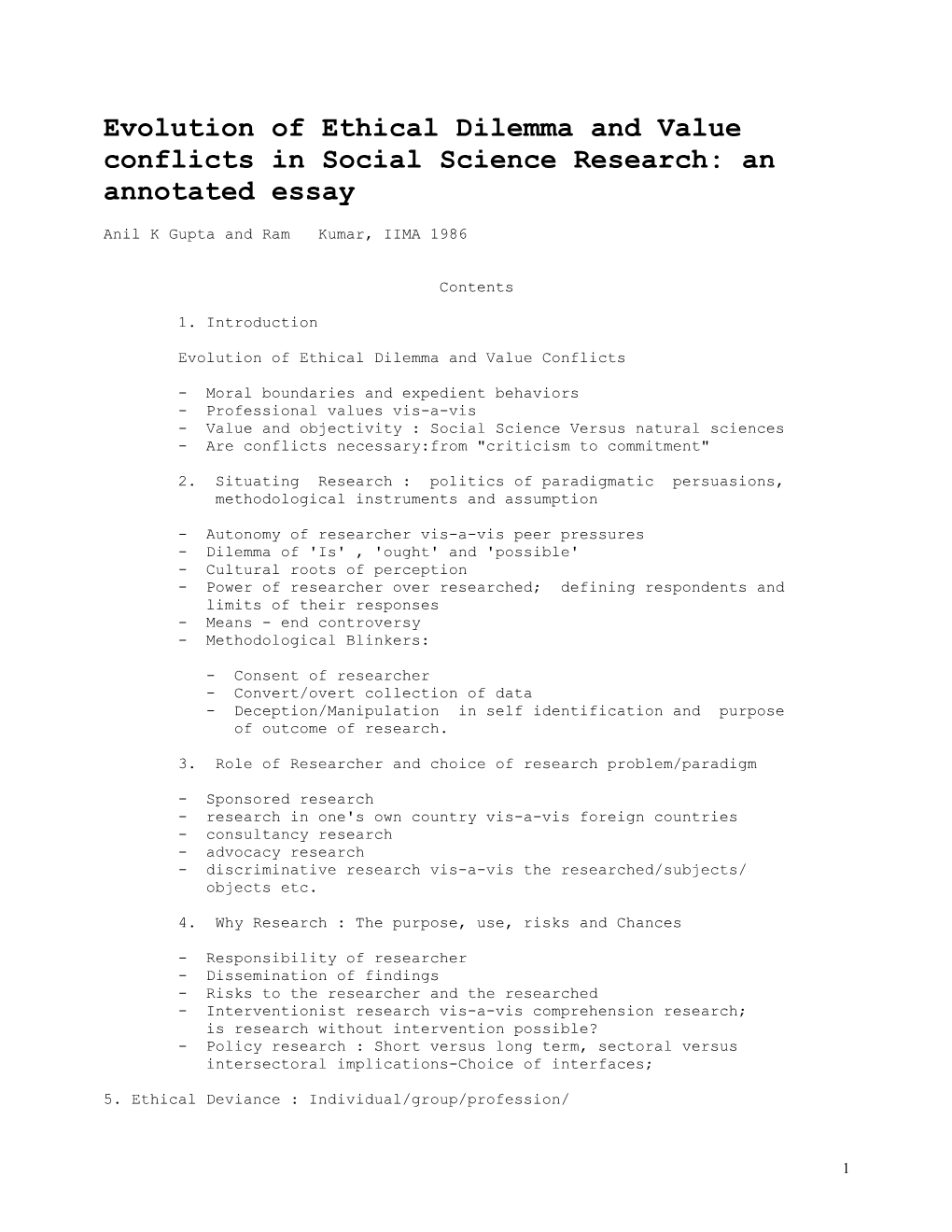 Evolution of Ethical Dilemma and Value Conflicts in Social Science Research: an Annotated