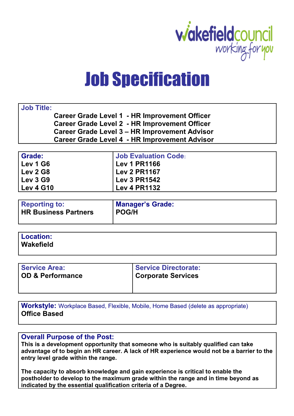 Career Grade Job Specification Form with Guidance