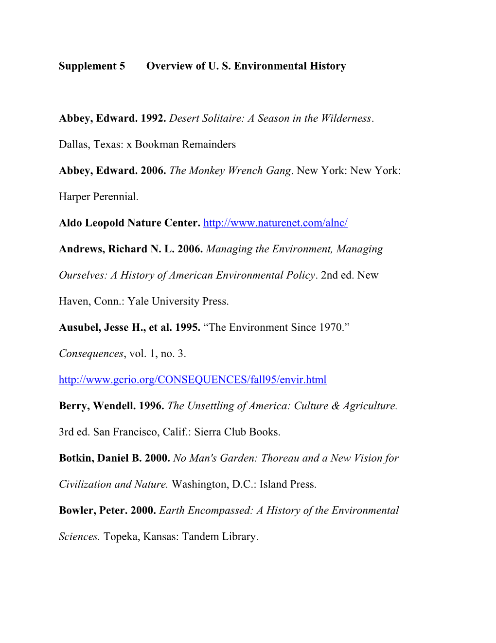 Supplement 5Overview of U. S. Environmental History