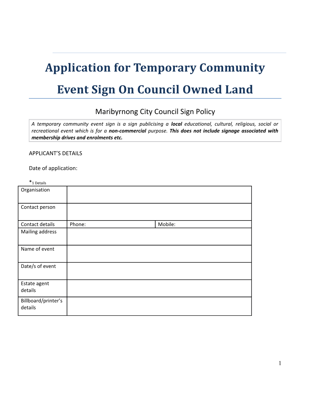 Application for Temporary Community