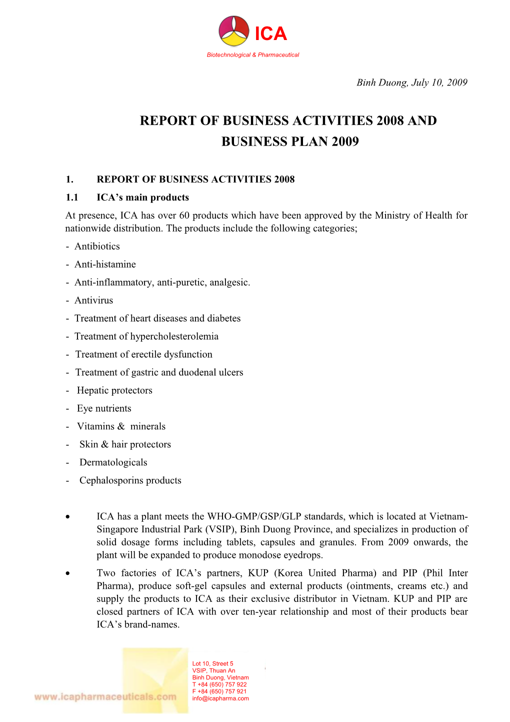 Report of Business Activities 2008 And