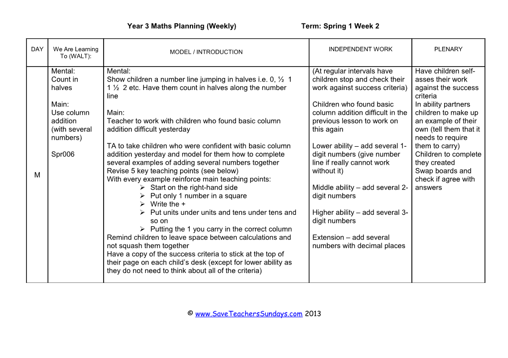 Year 3Maths Planning (Weekly)Term: Spring 1 Week 2