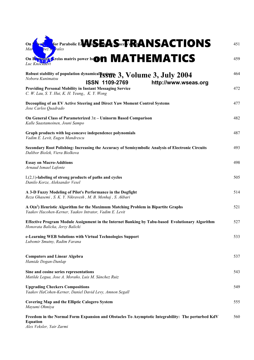 WSEAS Trans. on MATHEMATICS, July 2004