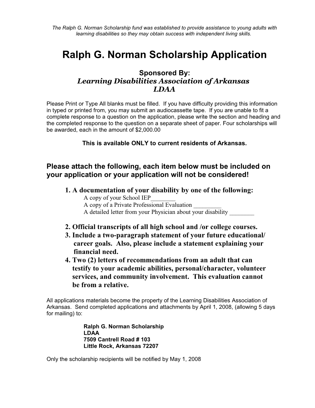 Ralph G. Norman Scholarship Application