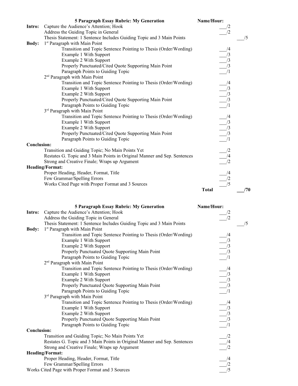 5 Paragraph Essay Rubric: Romeo and Juliet Theme