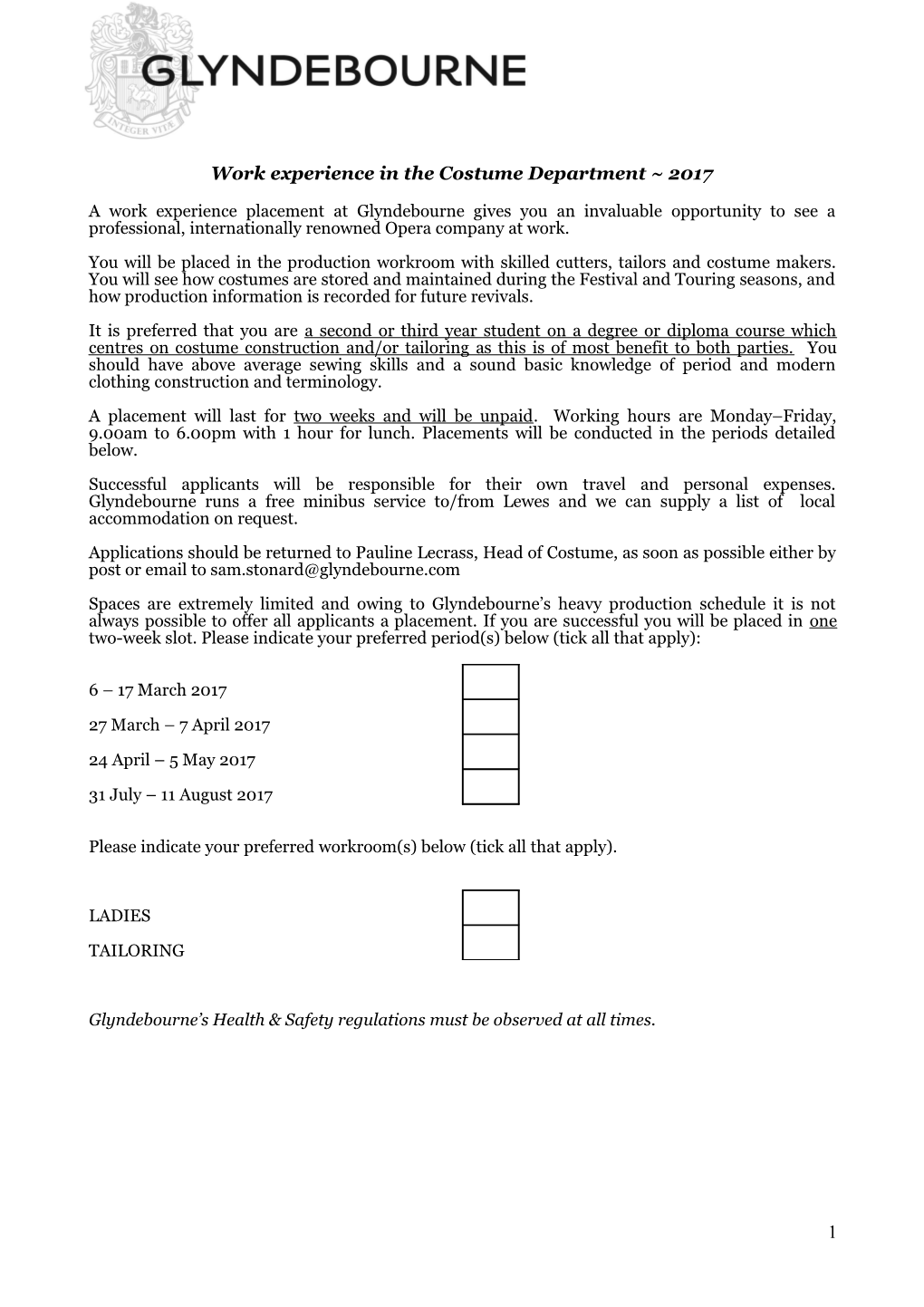 Glyndebourne Work Experience Application Form