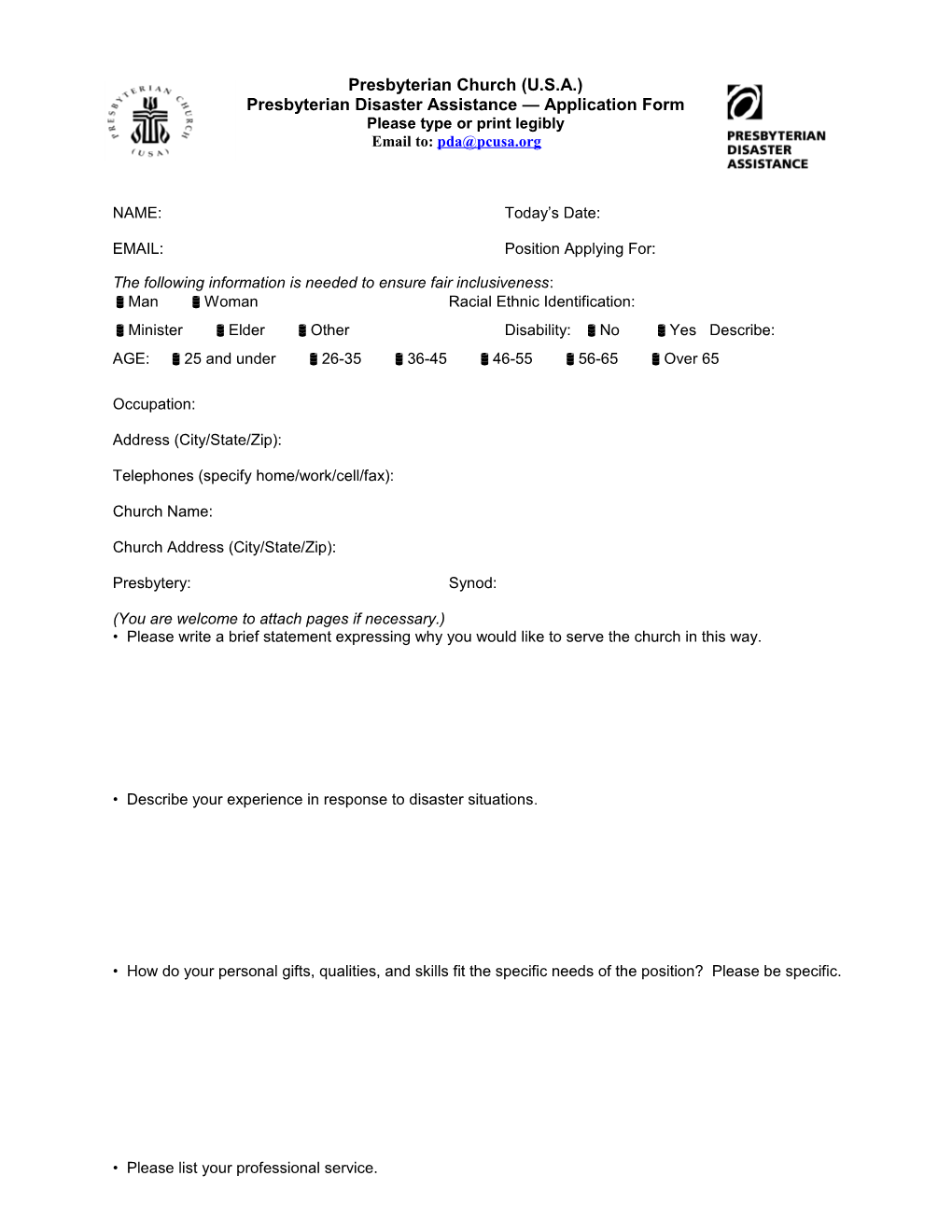 Presbyterian Disaster Assistance Application Form
