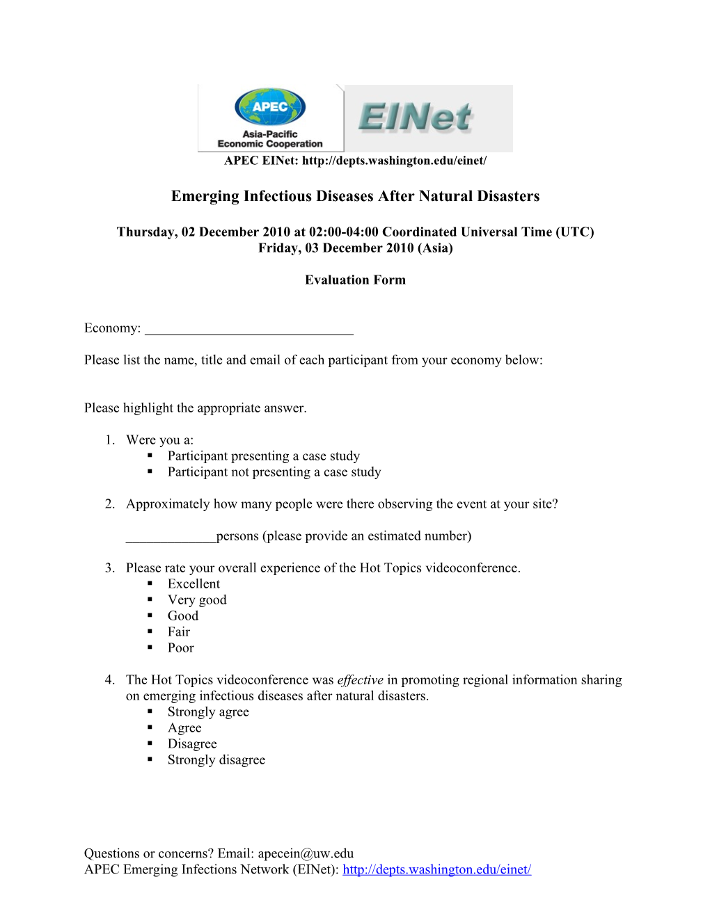 APEC Einet Pandemic Influenza Preparedness and Response: Information Sharing Through A