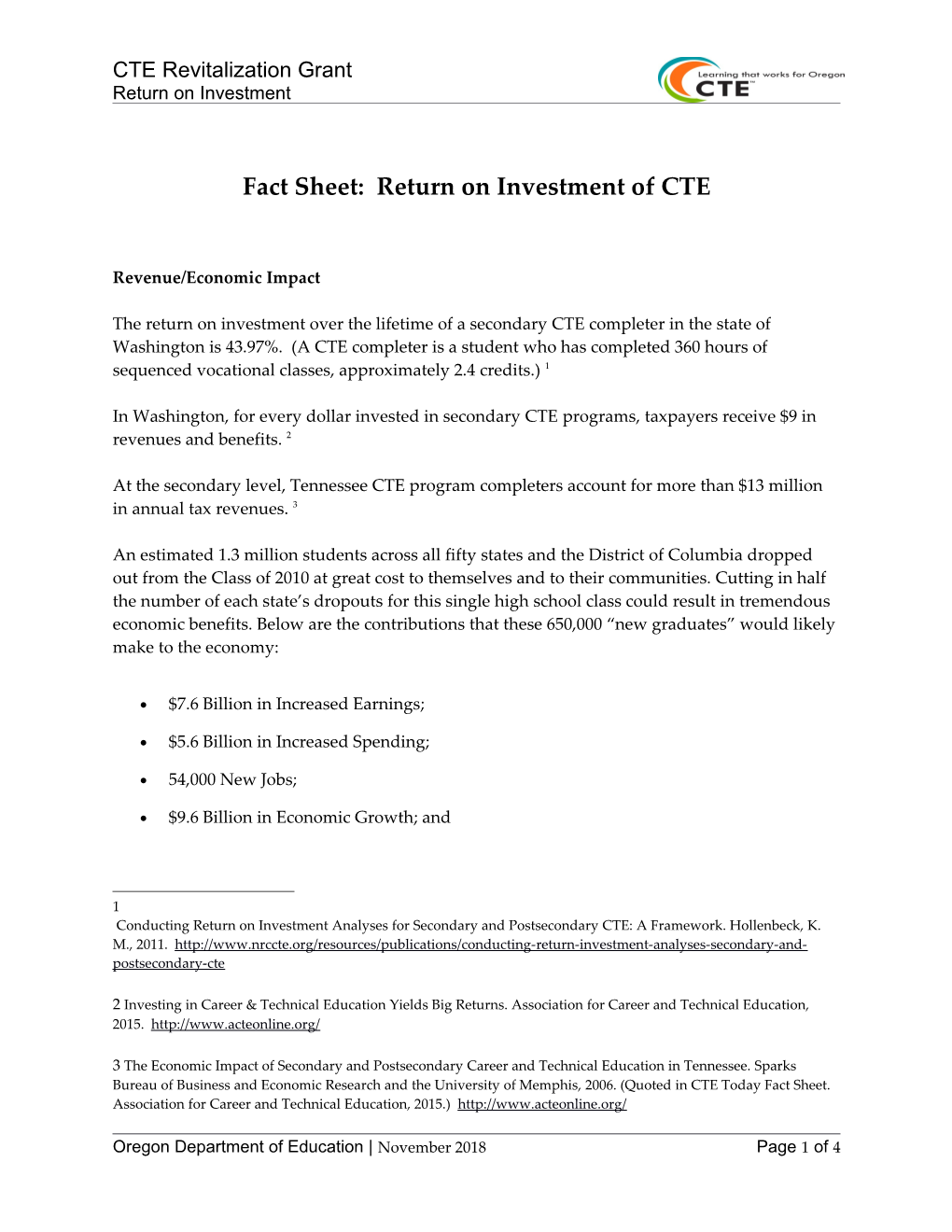 Fact Sheet: Return on Investment of CTE