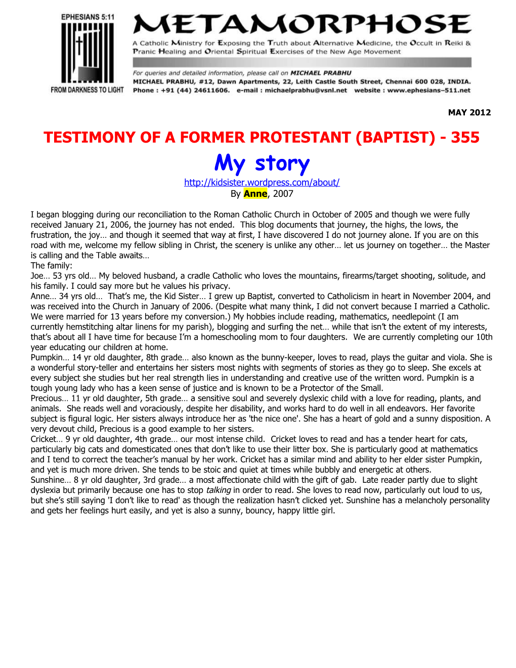 Testimony of a Former Protestant (Baptist) - 355