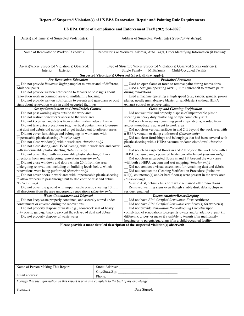 Form for Reporting Suspected Violations of the Federal Renovation, Repair and Painting