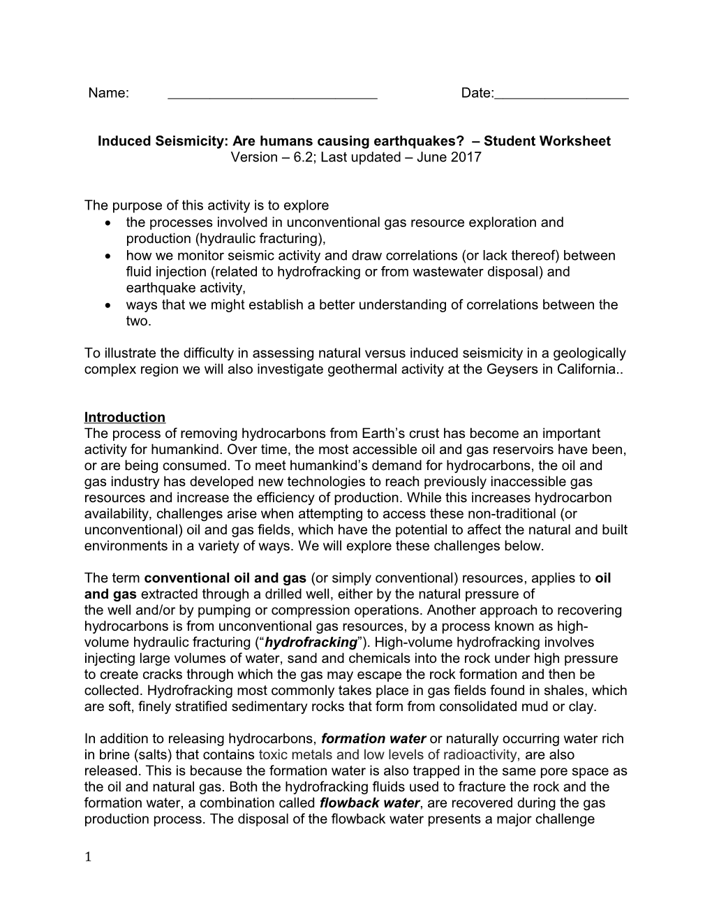 Induced Seismicity: Are Humans Causing Earthquakes? Student Worksheet