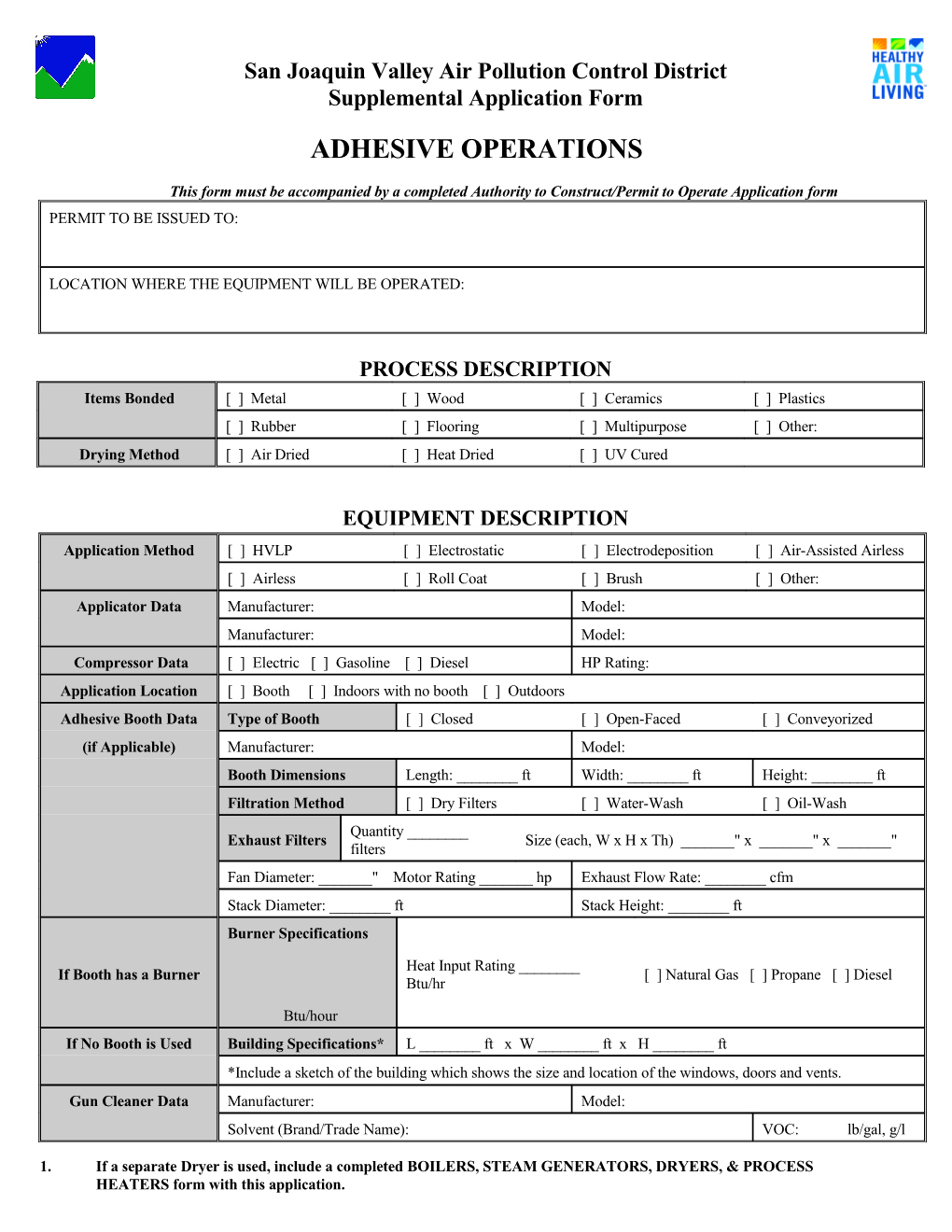 Adhesive Operation Supplemental Application Form