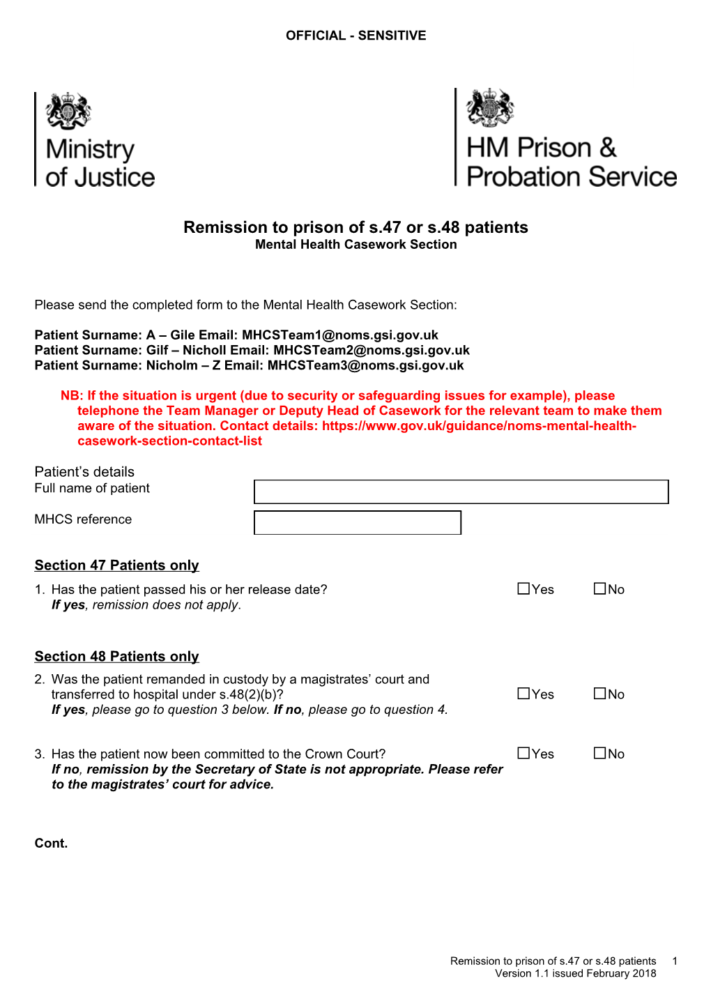 Remission to Prison of S47 Or S48 Patients