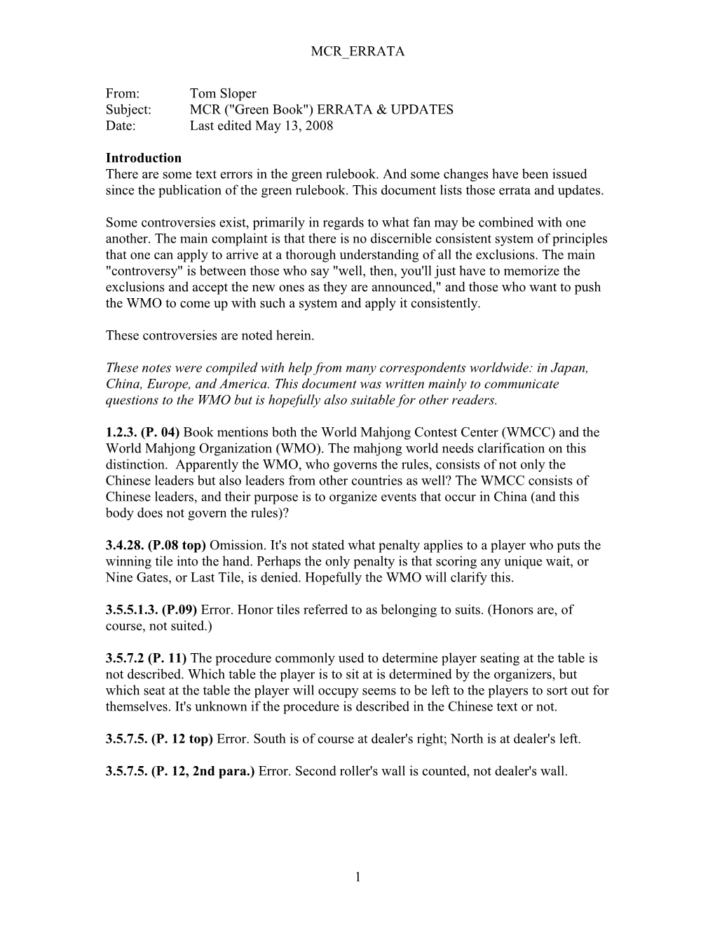 Subject:MCR ( Green Book ) ERRATA & UPDATES