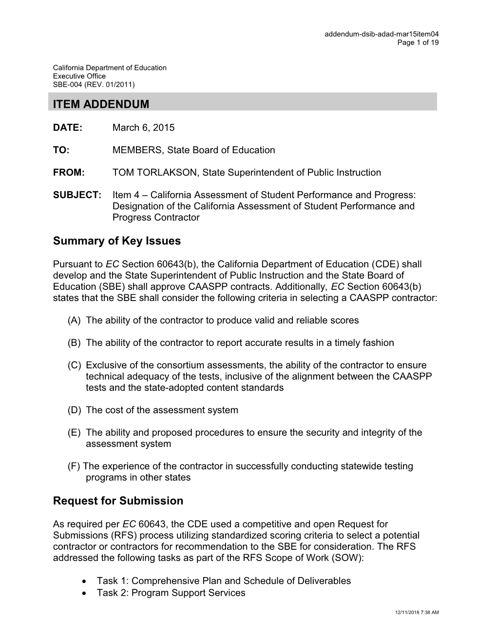 March 2015 Agenda Item 04 Addendum - Meeting Agendas (CA State Board of Education)