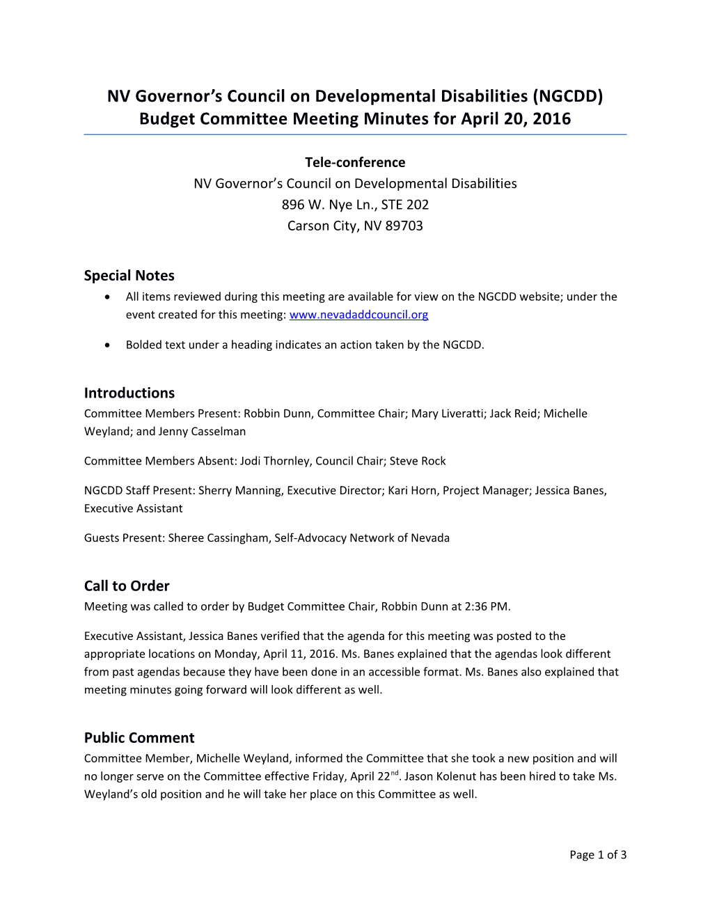 NV Governor S Council on Developmental Disabilities (NGCDD)Budget Committee Meeting Minutes