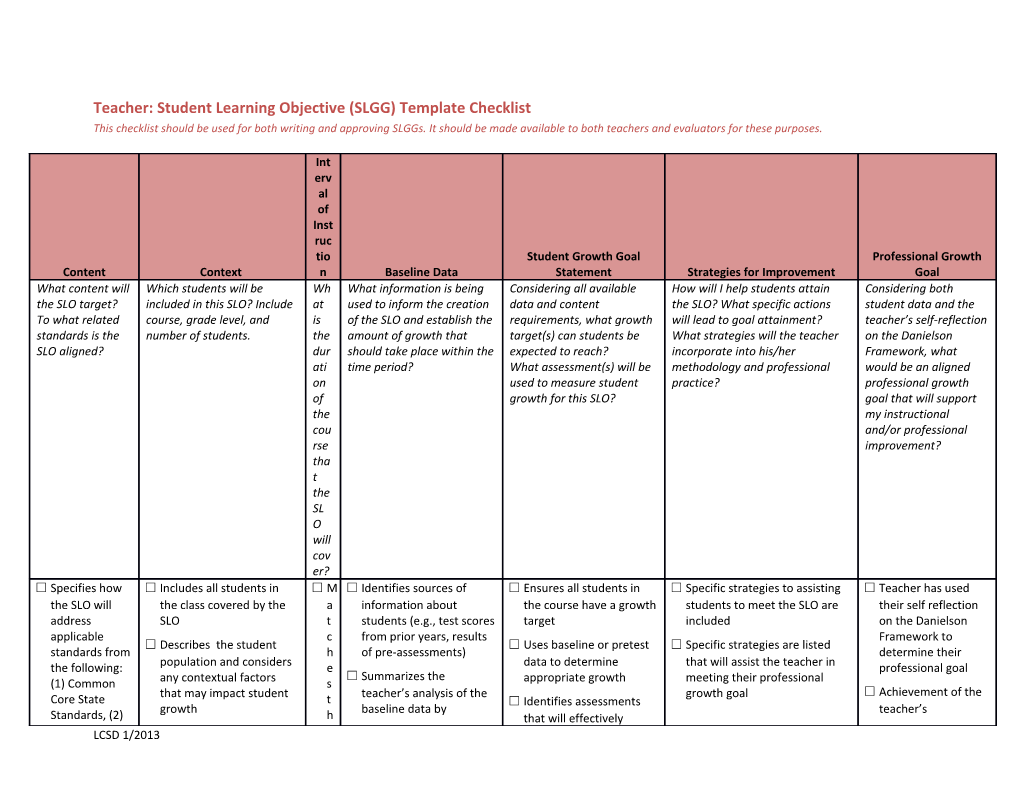 Teacher: Student Learning Objective (SLGG) Template Checklist