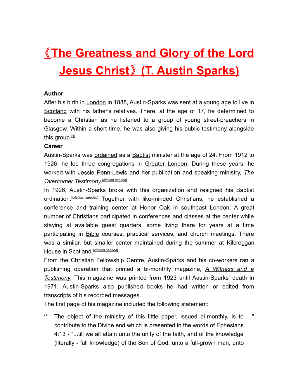 The Greatness and Glory of the Lord Jesus Christ (T. Austin Sparks)