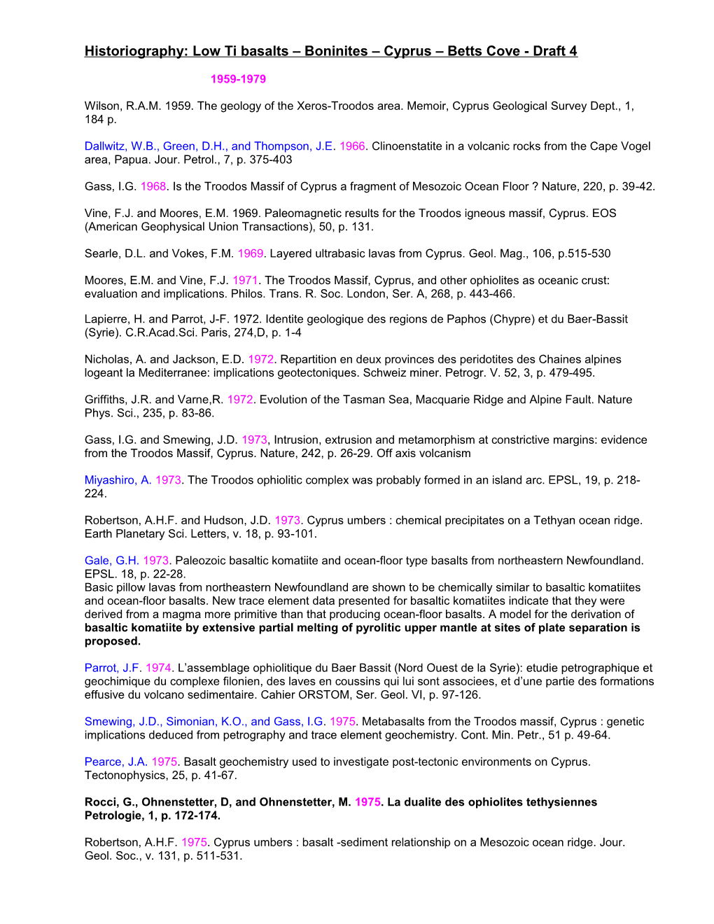 Historiography: Low Ti Basalts Boninites Cyprus Betts Cove - Draft 4