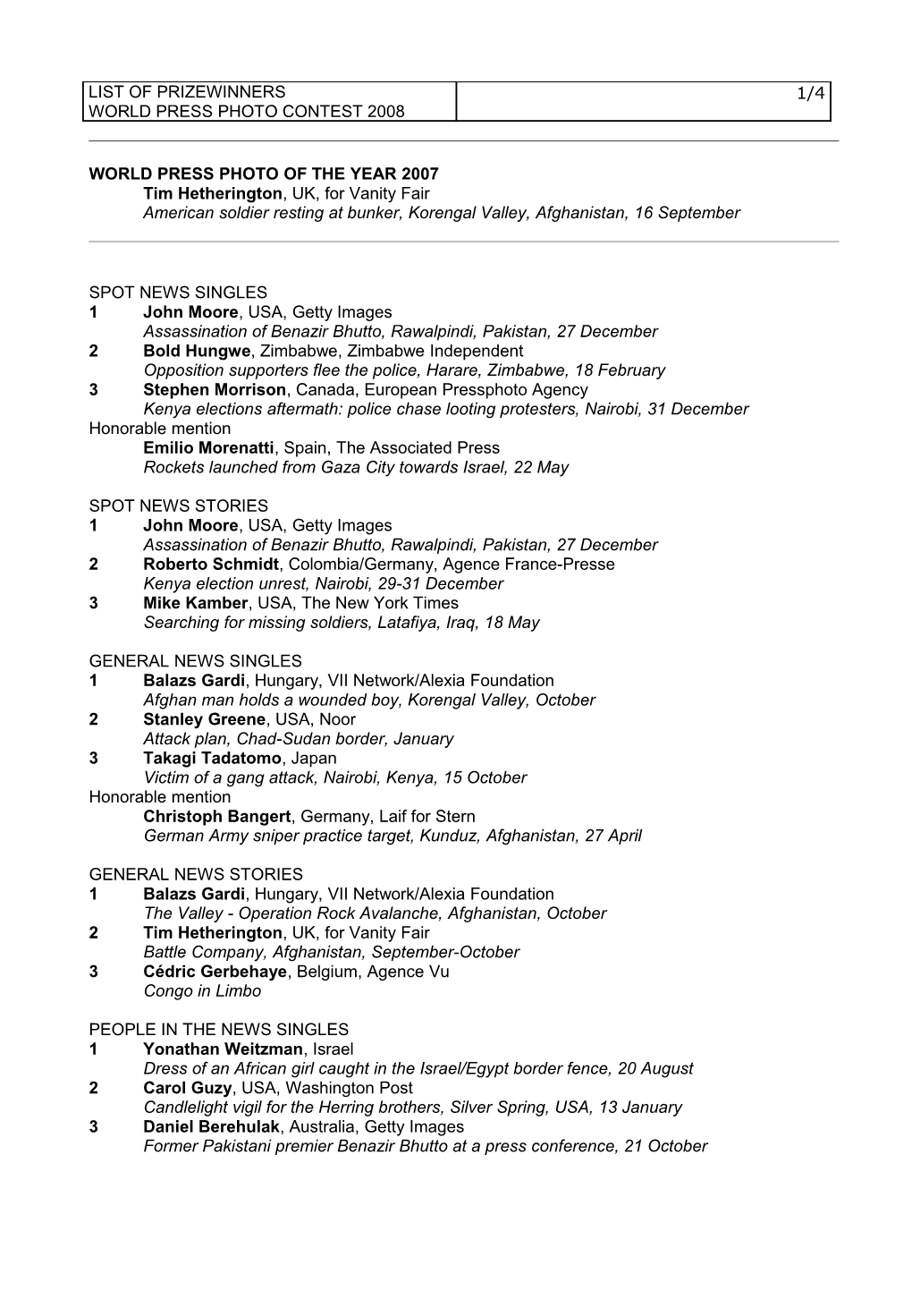 List of Prizewinners Contest 1999