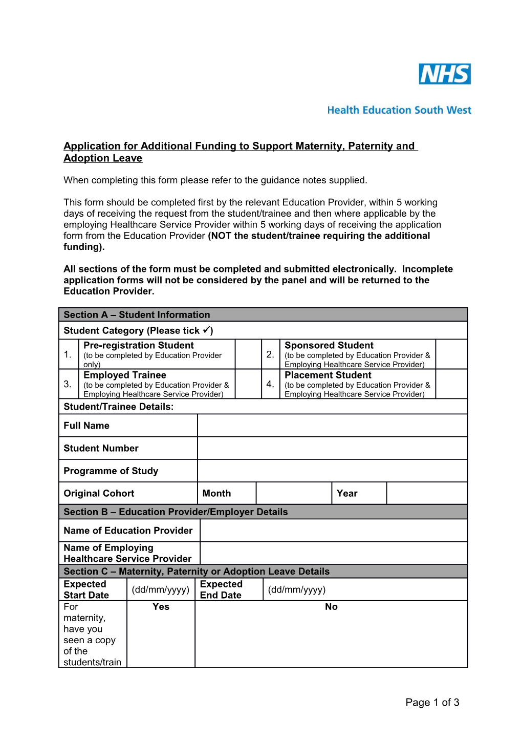 Application for Additional Funding to Support Maternity, Paternity and Adoption Leave