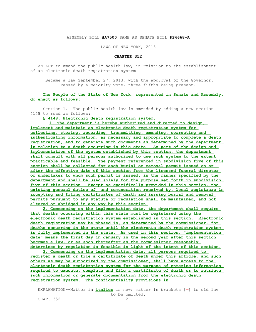 Assembly Bill #A7500 Same As Senate Bill #S4668-A