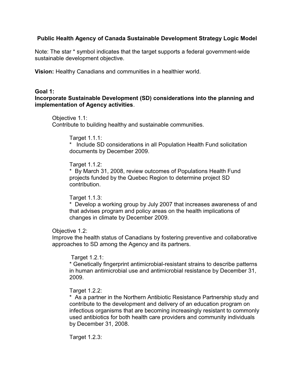 Public Health Agency of Canada Sustainable Development Strategy Logic Model