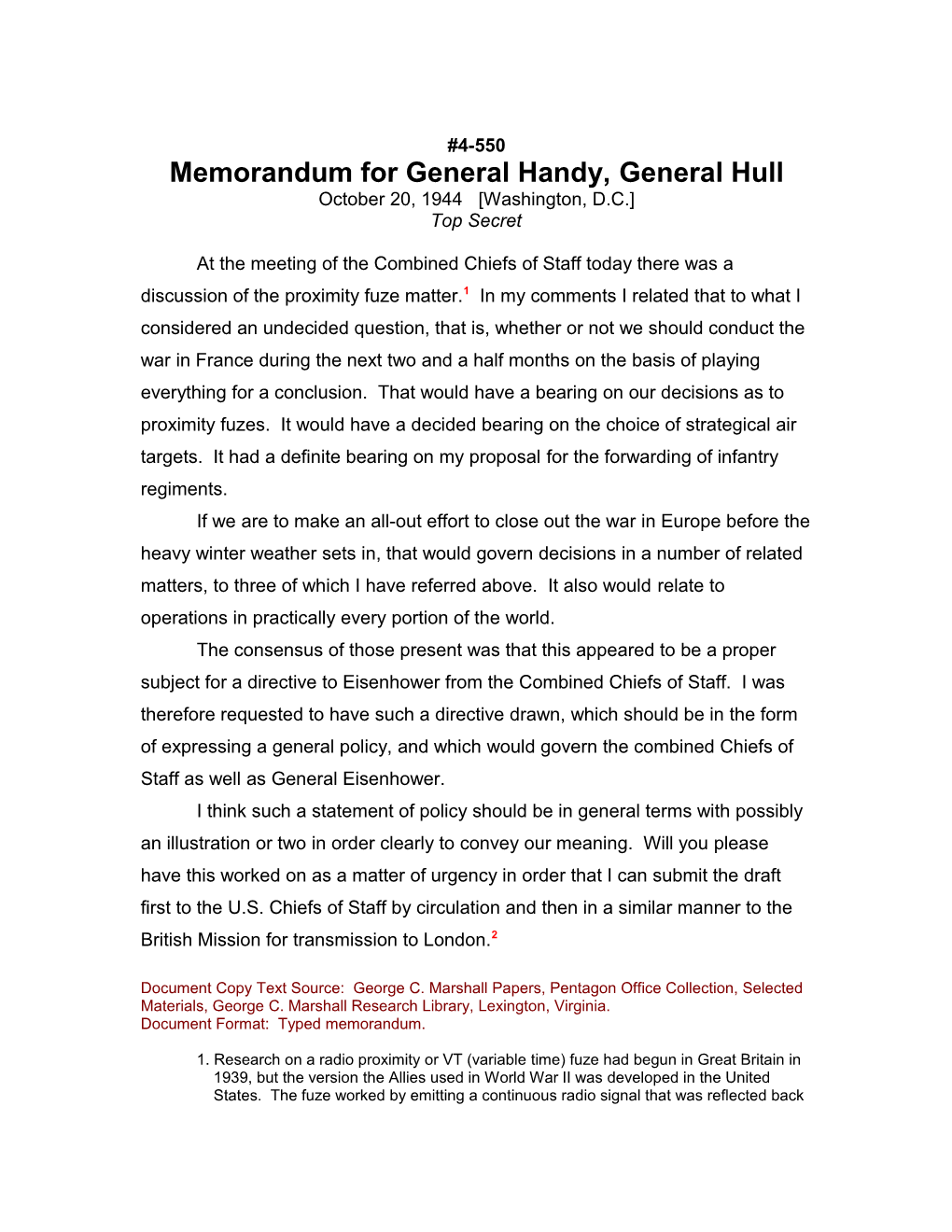 Memorandum for General Handy, General Hull